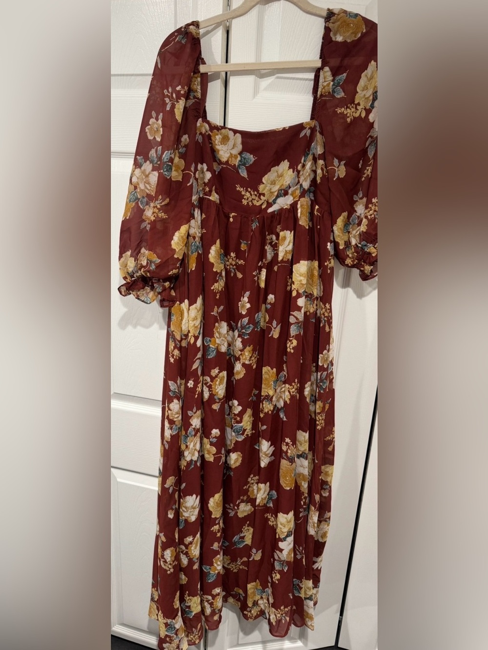 Storia Burgundy Floral Maxi Dress with Puff Sleeves